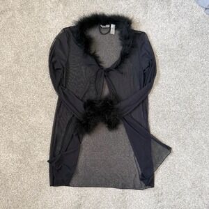 Y2K Delicates Black Faux Feather Mesh Tie Robe – Size S/M